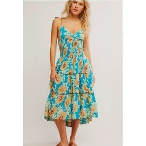 Free People Adriel Tiered‎ Midi Dress Floral Size L Bloomcore Cottage Boho Beach